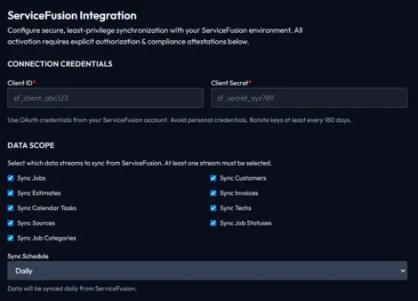 Service Fusion integration form showing API credentials and data sync options