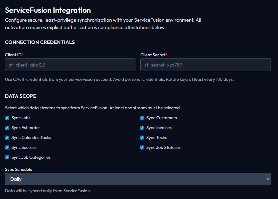 ServiceFusion integration form showing API credentials and data sync options
